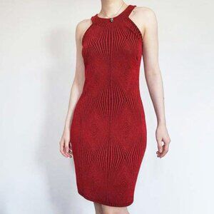 Vintage 90s chic red metallic halter midi bodycon dress
